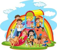 familia feliz en el patio de recreo en el fondo del arco iris vector