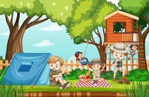 Scene of backyard with kids and fence vector