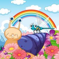 Flower field with cartoon snail and dragonfly vector