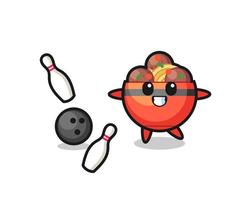 Character cartoon of meatball bowl is playing bowling vector