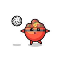 personaje de dibujos animados de albóndigas está jugando voleibol vector