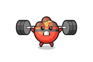 meatball bowl mascot cartoon with a barbell vector