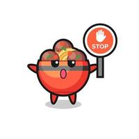 meatball bowl character illustration holding a stop sign vector