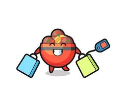 meatball bowl mascot cartoon holding a shopping bag vector