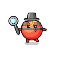meatball bowl cartoon character searching with a magnifying glass vector
