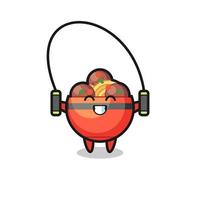 meatball bowl character cartoon with skipping rope vector