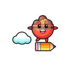 meatball bowl mascot illustration riding on a giant pencil vector