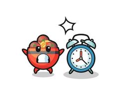 Cartoon Illustration of meatball bowl is surprised with a giant alarm clock vector