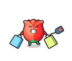 rose mascot cartoon holding a shopping bag vector