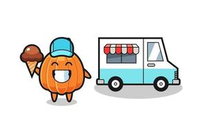 caricatura de mascota de calabaza con camión de helados