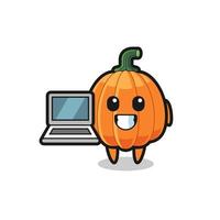 ilustración de mascota de calabaza con una computadora portátil vector