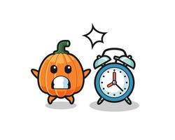 Cartoon Illustration of pumpkin is surprised with a giant alarm clock vector