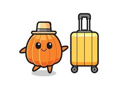 pumpkin cartoon illustration with luggage on vacation vector