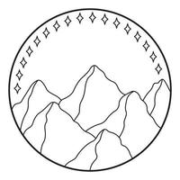 Vector illustration of mountain. Hand drawn outline icon in circle frame. For print, web, design, decor, logo.