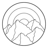 Vector illustration of mountain. Hand drawn outline icon in circle frame. For print, web, design, decor, logo.