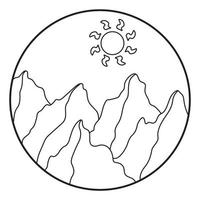 Vector illustration of mountain. Hand drawn outline icon in circle frame. For print, web, design, decor, logo.