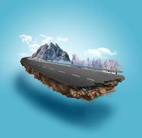 Ilustración 3d del anuncio de la carretera nevada. camino de nieve con montañas aisladas. antecedentes de viajes y vacaciones. foto