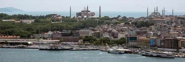 ISTANBUL, TURKEY, 2018  -  View of buildings along the Bosphorus in Istanbul Turkey on May 24, 2018