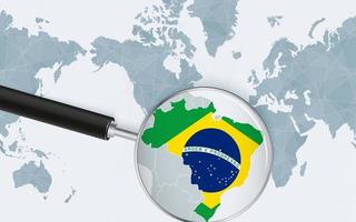 Mapa ampliado de Brasil en el mapa mundial centrado en América. mapa ampliado y bandera de brasil. vector