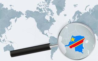 Enlarged map of DR Congo on America centered World Map. Magnified map and flag of DR Congo. vector