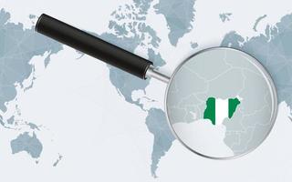 Enlarged map of Nigeria on America centered World Map. Magnified map and flag of Nigeria. vector