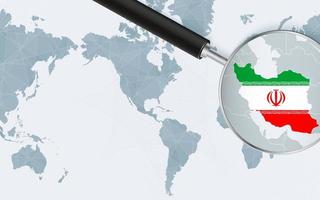 Enlarged map of Iran on America centered World Map. Magnified map and flag of Iran. vector