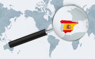 Enlarged map of Spain on America centered World Map. Magnified map and flag of Spain. vector