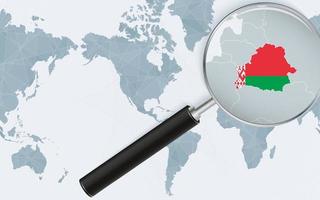 Enlarged map of Belarus on America centered World Map. Magnified map and flag of Belarus. vector