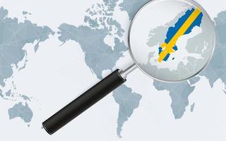 Enlarged map of Sweden on America centered World Map. Magnified map and flag of Sweden. vector