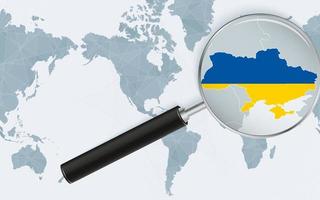 Enlarged map of Ukraine on America centered World Map. Magnified map and flag of Ukraine. vector