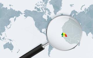 Enlarged map of Senegal on America centered World Map. Magnified map and flag of Senegal. vector