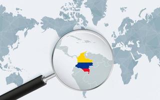 mapa ampliado de colombia en el mapa mundial centrado en américa. mapa ampliado y bandera de colombia. vector