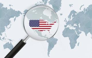 Enlarged map of USA on America centered World Map. Magnified map and flag of USA. vector