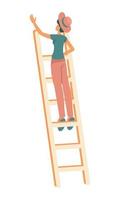 Young woman standing on garden ladder semi flat color vector character