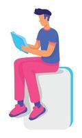 Male teenager with book sitting on white block semi flat color vector character