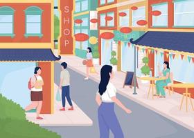 Busy street in Chinatown flat color vector illustration