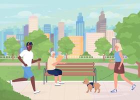 Metropolitan park with visitors flat color vector illustration
