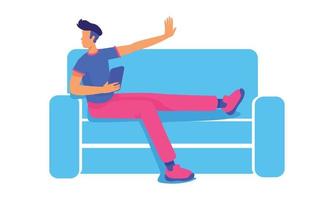 Carefree guy with tablet sitting on sofa semi flat color vector character