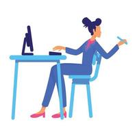 Confident office lady sitting at table semi flat color vector character