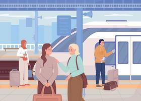 People waiting at train station flat color vector illustration