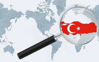 Enlarged map of Turkey on America centered World Map. Magnified map and flag of Turkey. vector