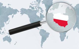 Enlarged map of Poland on America centered World Map. Magnified map and flag of Poland. vector