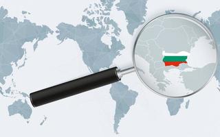 Enlarged map of Bulgaria on America centered World Map. Magnified map and flag of Bulgaria. vector