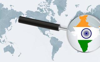 Enlarged map of India on America centered World Map. Magnified map and flag of India. vector