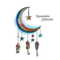 Ramadan kareem islamic moon and lamps colorful card background vector