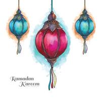 Ramadan Kareem three colorful traditional islamic lamps card background vector