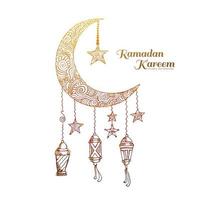 Hand draw ramadan kareem islamic lamp and moon sketch card design vector