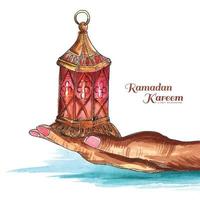 Beautiful hand holding arabic lamp ramadan kareem background vector