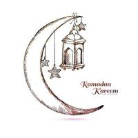 Hand draw ramadan kareem islamic lamp and moon sketch card design vector