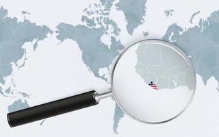 Enlarged map of Liberia on America centered World Map. Magnified map and flag of Liberia. vector